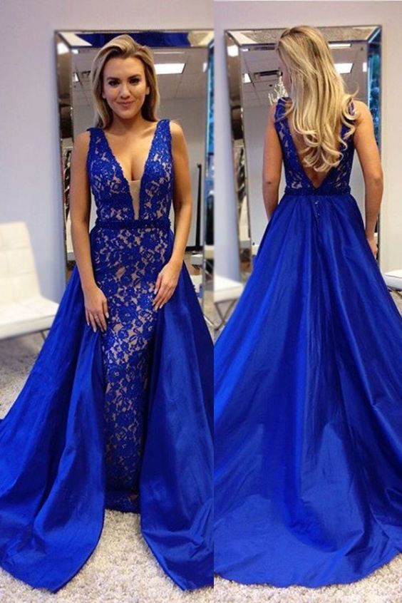 Plunging V-neck Royal Blue Lace Prom Dresses with Satin Skirt S25172