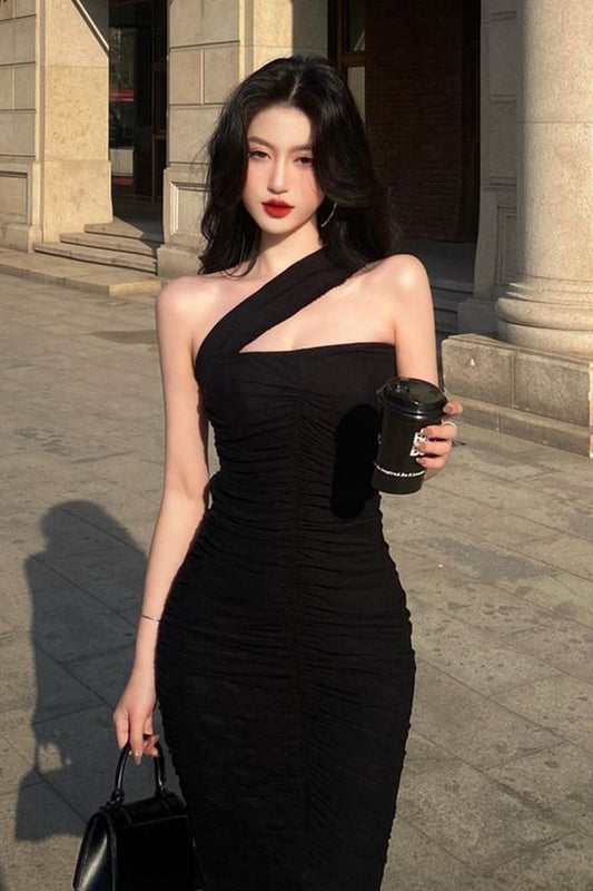 Asymmetric Shoulder Straps Black Bodycon Dress,Sexy Black Prom Dress,Black Party Dress Y1189