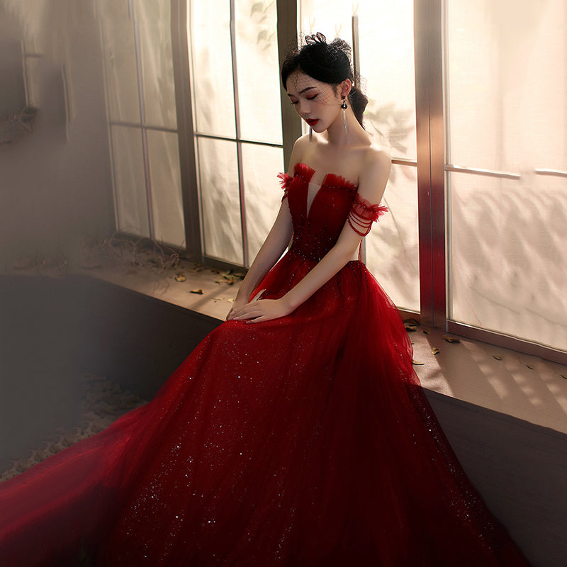Red tulle sequins long prom dress red evening gown Y1179
