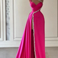 Gorgeous One Shoulder Satin Beaded Long Prom Dress Slit Evening Dress Y7692