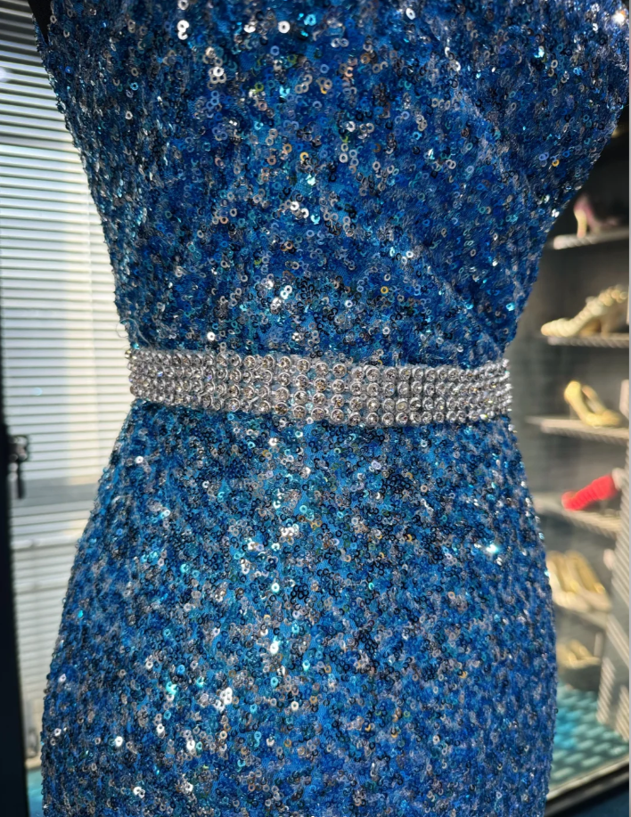 Gorgeous One Shoulder Blue Sequin Beaded Mermaid Long Party Dress 20th Birthday Outfits SP1956