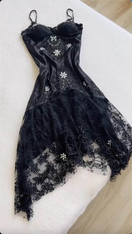 Gorgeous Spaghetti Straps Black Satin Lace Beaded Mermaid Long Party Dress Birthday Prom Gown SP2699