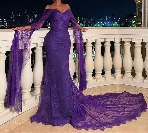 Elegant Off The Shoulder Purple Lace Mermaid Prom Dress Long Evening Dress Y7696