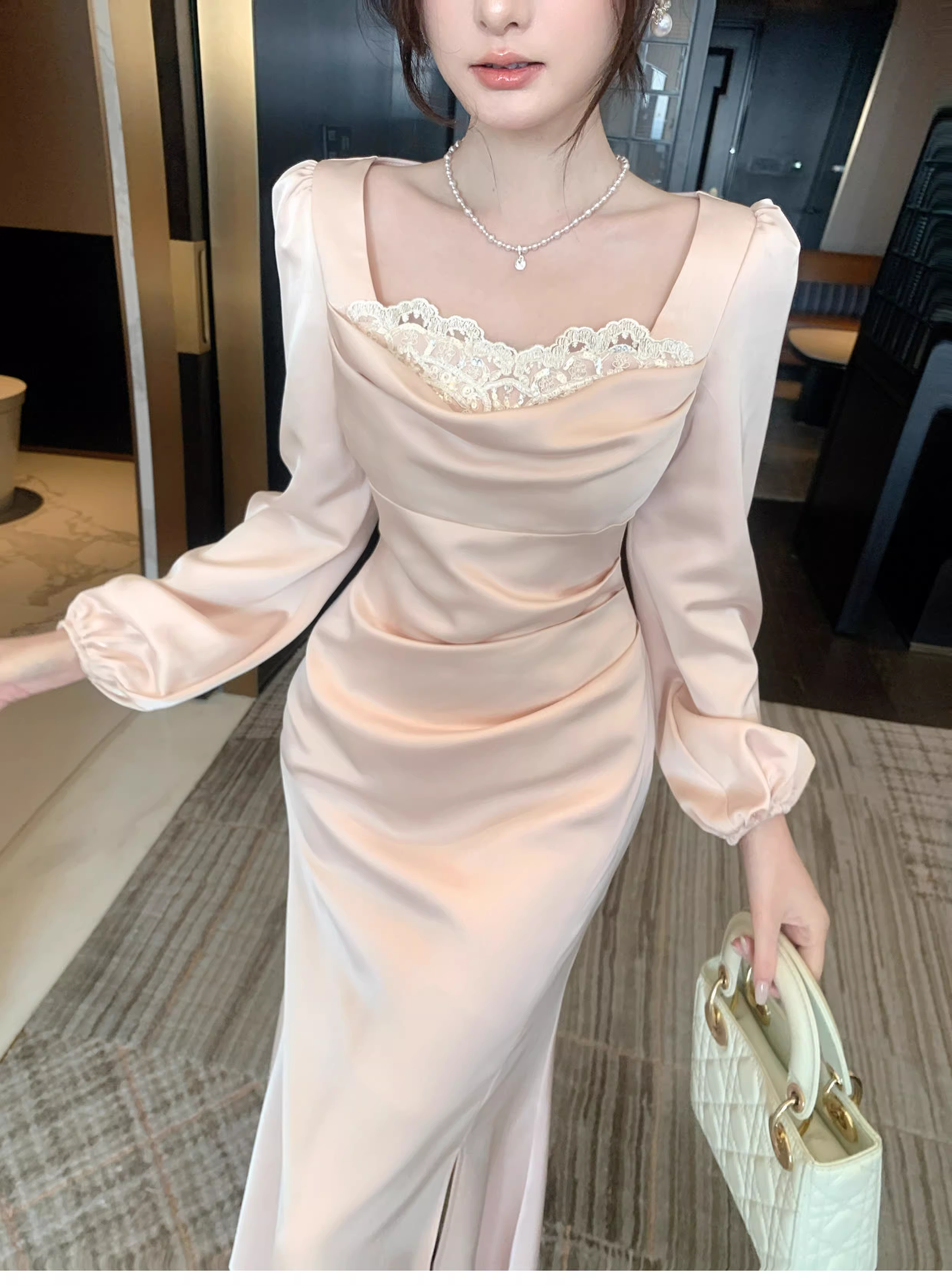 Sweet Lace Neck Pink Satin Mermaid Long Prom Dress Formal Evening Dress Birthday Dress SP1541