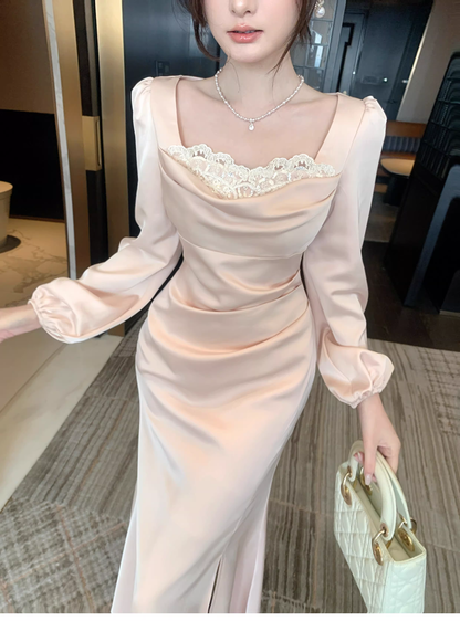 Sweet Lace Neck Pink Satin Mermaid Long Prom Dress Formal Evening Dress Birthday Dress SP1541