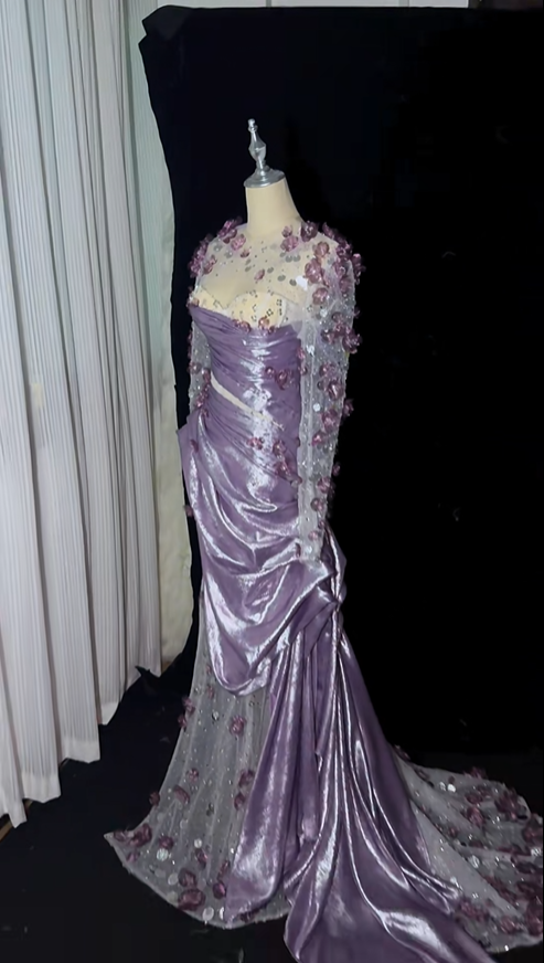 Charming Purple Satin Tulle Appliques Beaded Mermaid Party Dress Pink Long Prom Dress SP4219
