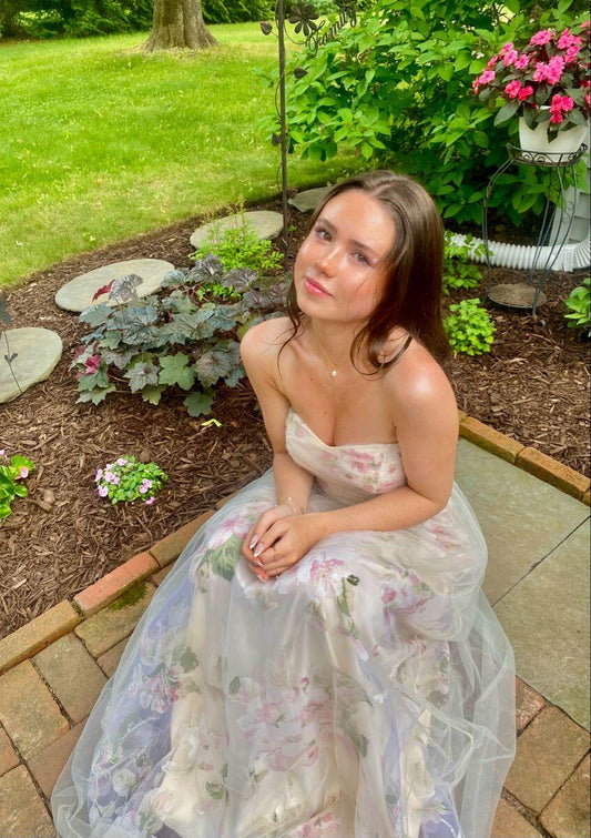 Charming Satin Tulle Floral Strapless Long Party Dress Formal Wedding Guest Dress SP2660