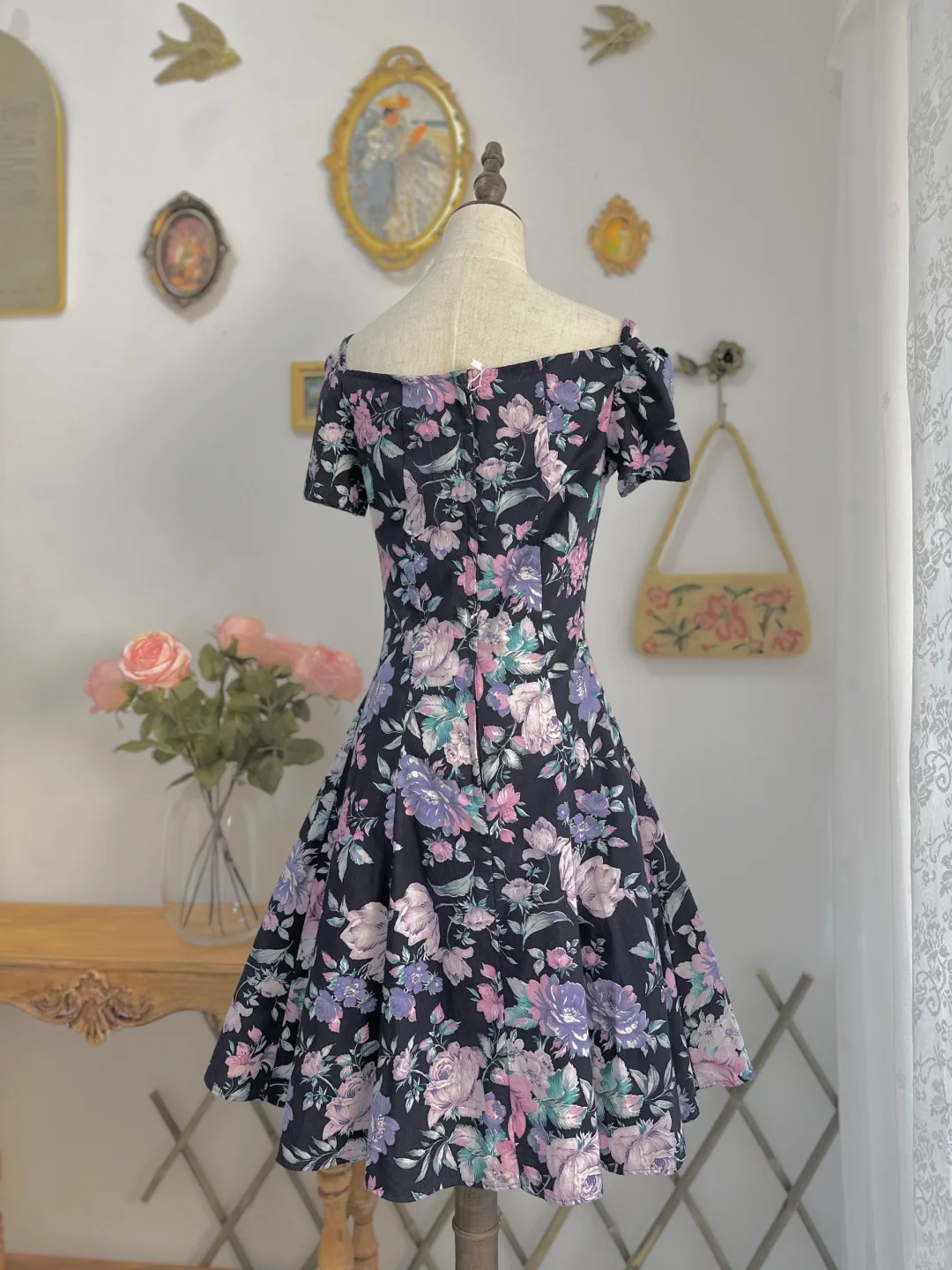 Vintage Off The Shoulder Print Floral A Line Short Homecoming Dress Birthday Outfits Y9756