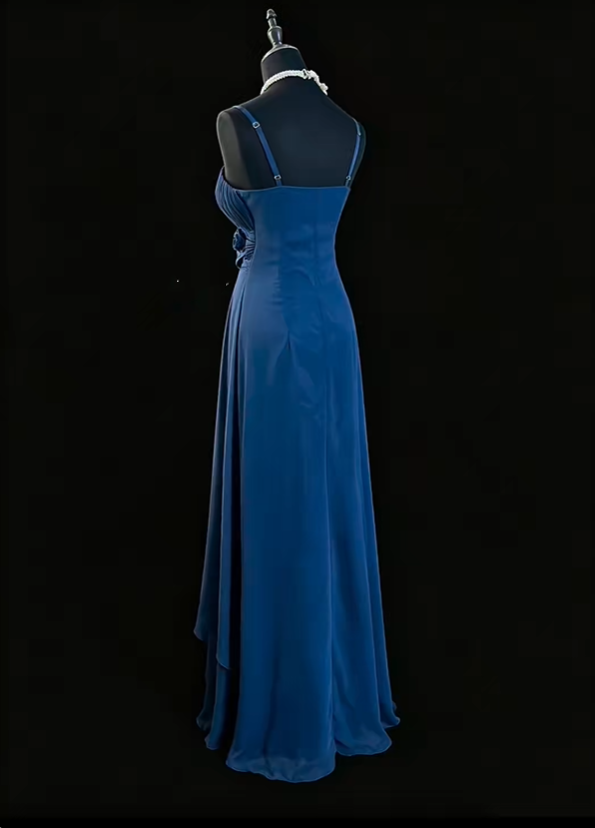 Classy Spaghetti Strap Satin Chiffon Pleated Long Wedding Guest Dress Navy Blue Party Dress SP2766