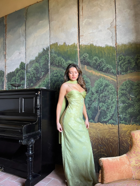 Classy Spaghetti Straps Satin Print Floral Long Evening Dress Mint Green Birthday Outfits With Scarf SP834