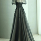 A Line Black Puff Sleeves Tulle Long Prom Dress, Black Formal Evening Dress Y7334
