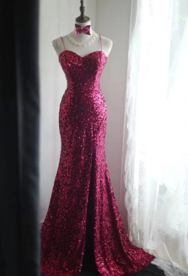 Sparkly Spaghetti Straps Hot Pink Sequin Mermaid Long Wedding Guest Dress Evening Gown SP1246