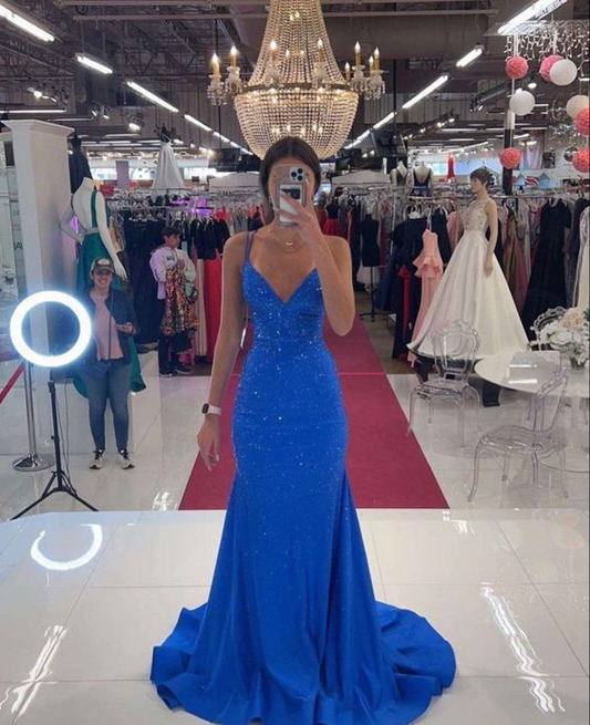 Mermaid Deep V Neck Royal Blue Long Prom Dress with Beading Y6919