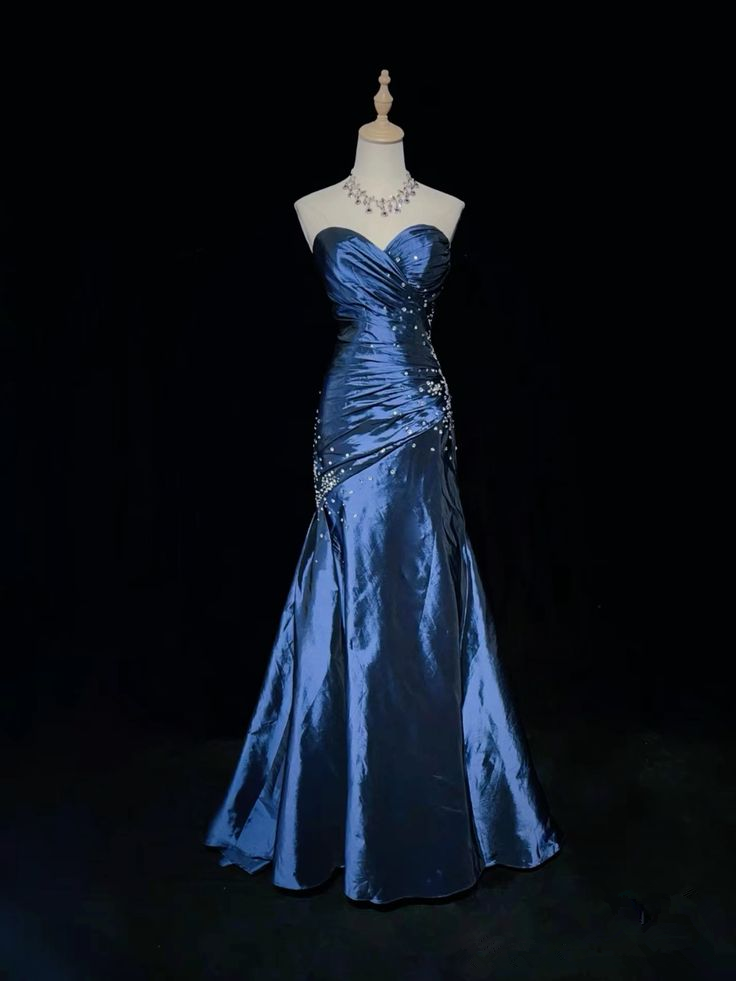 Sexy Strapless Mermaid Beaded Evening Gown Blue Sweetheart Satin Prom Dress Y7928