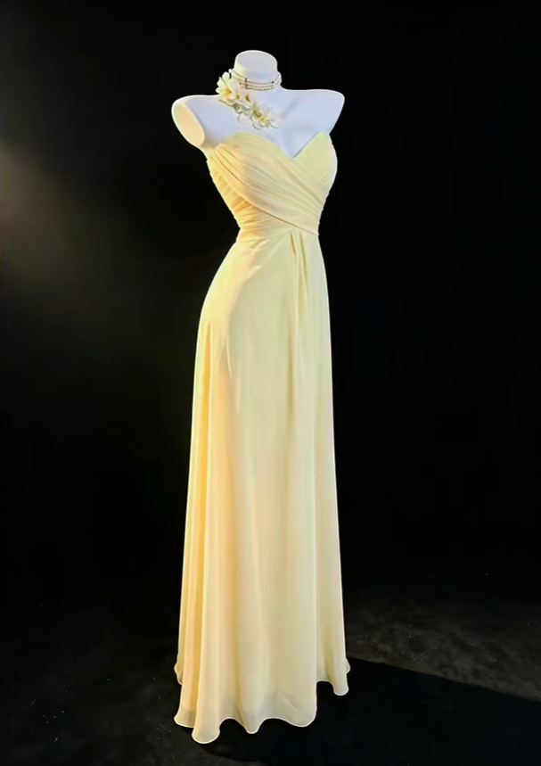 Pretty Yellow Strapless Chiffon Pleated A Line Long Prom Dress Party Gown SP2767