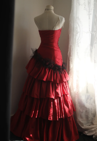 Vintage Red Strapless Satin Layered Mermaid Long Prom Dresses Evening Dress SP1174