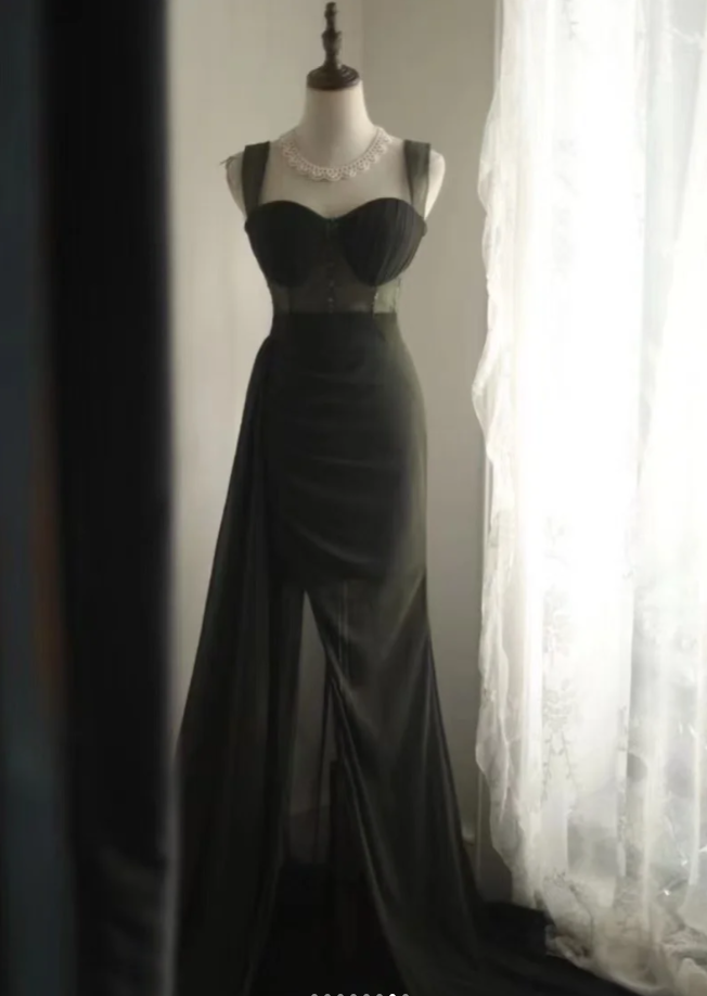 Vintage Green Satin Beaded Slit Mermaid Long Wedding Guest Dress Evening Dress SP1237