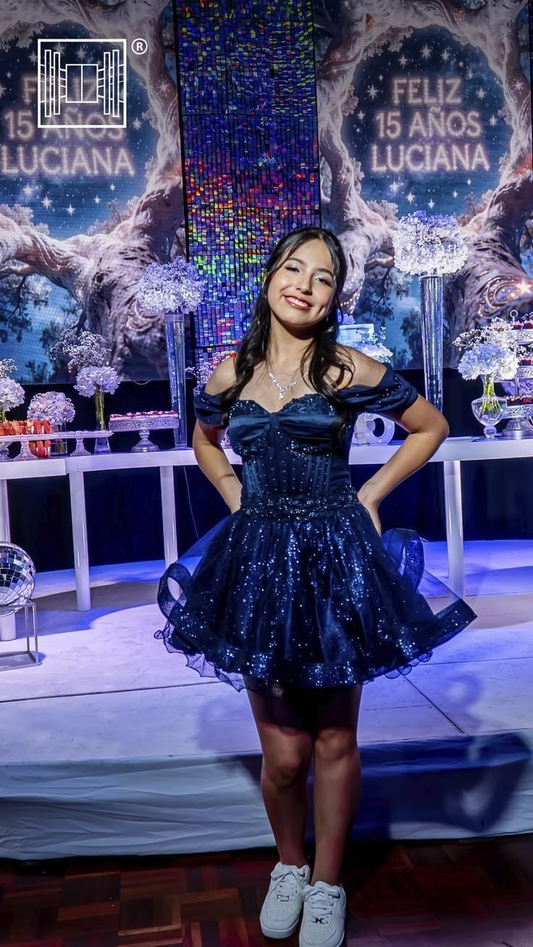 Fashion Off The Shoulder Tulle Satin Beaded Short 16th Birthday Outfits,Navy Blue Mini Homecoming Dress SP2855