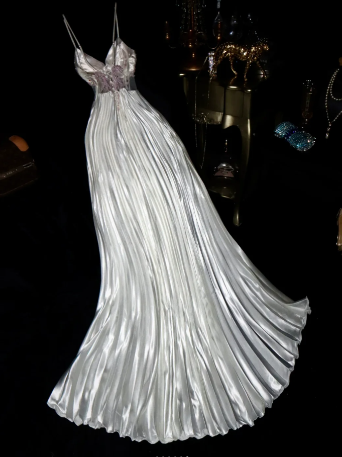 Stylish Silver Gray Spaghetti Straps Satin Pleated Beaded Mermaid Prom Dress Long Evening Dress SP875