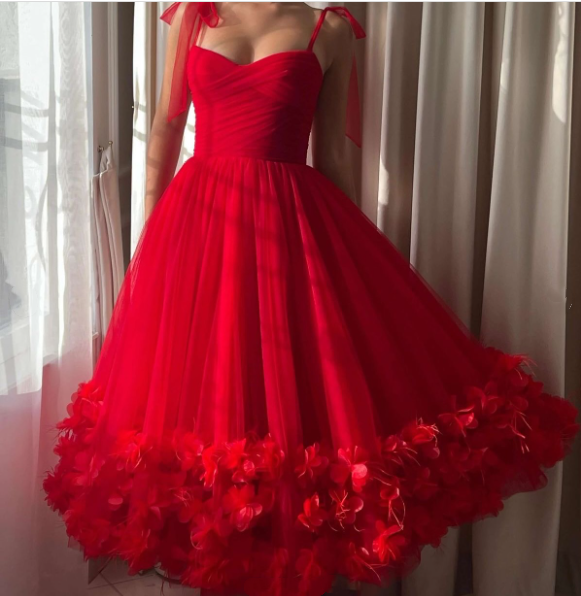 Pretty Spaghetti Straps Red Tulle A Line Long Birthday Party Dress Prom Dress SP32