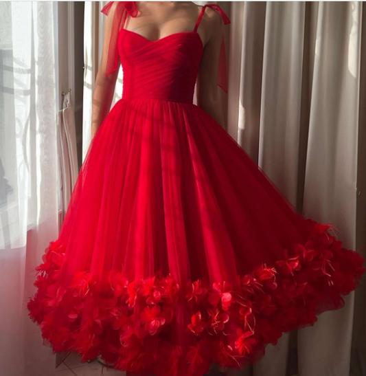 Pretty Spaghetti Straps Red Tulle A Line Long Birthday Party Dress Prom Dress SP32