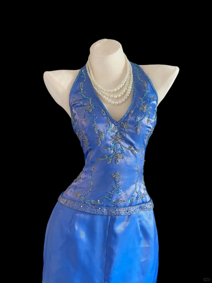 Elegant Halter V Neck Satin Beaded Long Prom Dress Blue Mermaid Long Party Dress SP4088