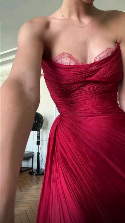 Sexy Red Strapless Lace Tulle Pleated Long Party Dress,Formal Wedding Guest Dress SP3106