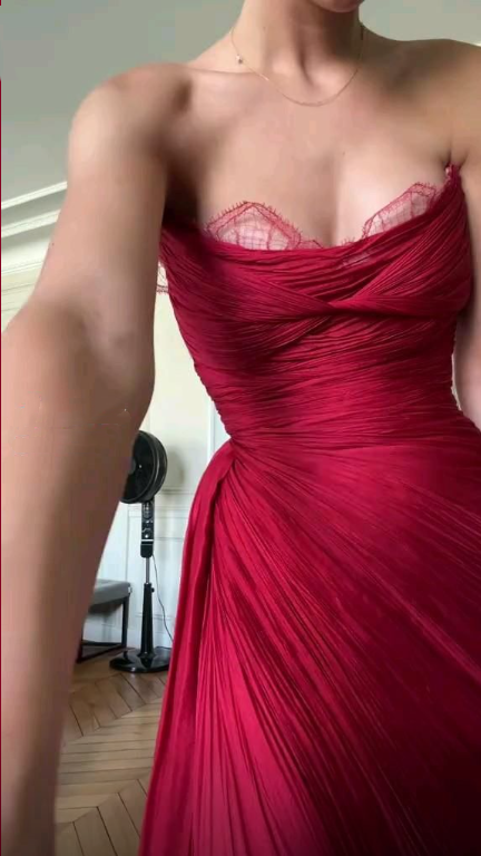 Sexy Red Strapless Lace Tulle Pleated Long Party Dress,Formal Wedding Guest Dress SP3106
