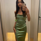 Simple Mermaid Straps Sage Green Slit Long Prom Dress Y7422