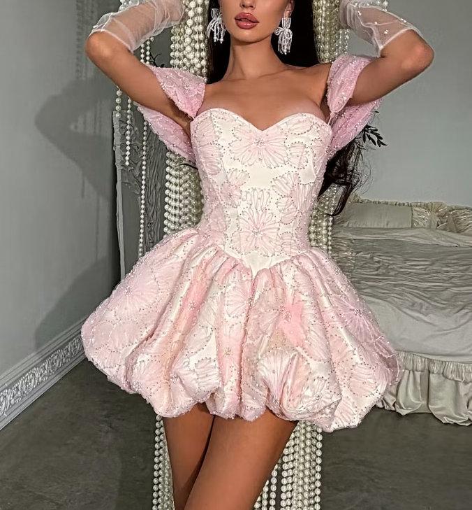 Glamorous Off The Shoulder Satin Tulle Floral Beaded A Line Mini Birthday Dress,Pink Short 6th Grade Homecoming Dress SP2932