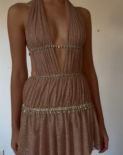 Sparkly Halter Deep V Satin Sequin Beaded Short Graduation Homecoming Dress 19th Birthday Outfits SP43