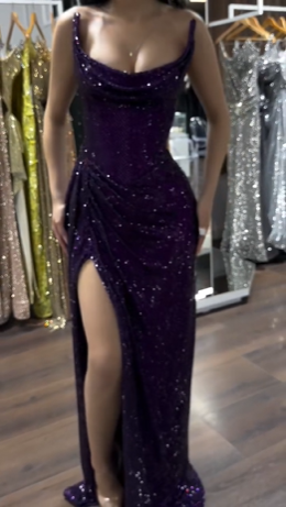 Sparkly Strapless Purple Sequin Mermaid Long Slit Party Dress Evening Dress Formal Prom Dress Y9500
