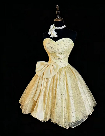 Glitter Champagne Gold Strapless Tulle Sequin Short Homecoming Dress Birthday Outfits With Bow SP2765