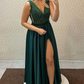 Green V-Neck A-Line Prom Dress With Slit Y6434
