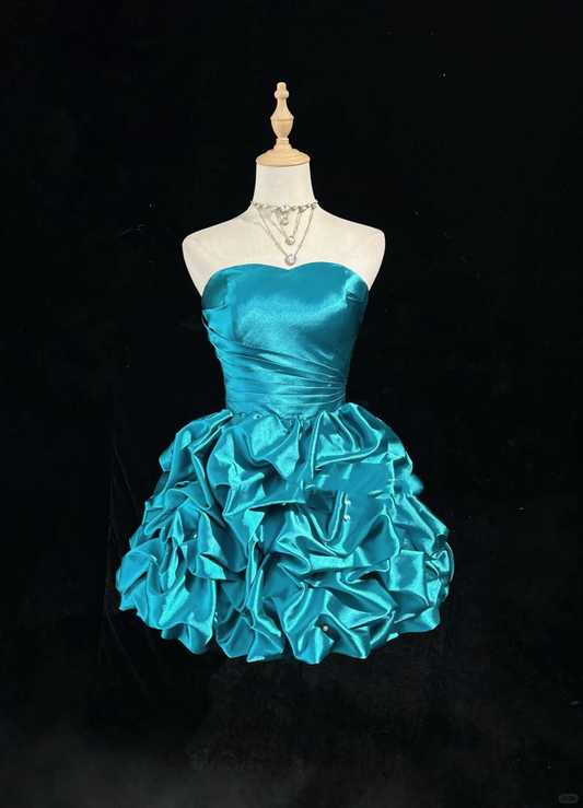 Unique Blue Strapless Satin Pleated Beaded A Line Short Graduation Homecoming Dress Birthday Outfits SP2707