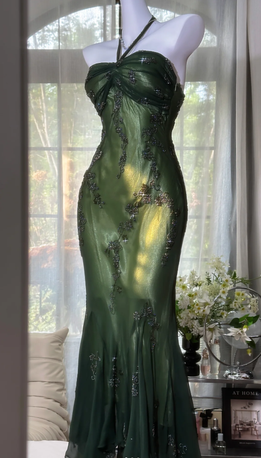 Vintage Emerald Green Halter Chiffon Beaded Mermaid Long evening Dress Birthday Dress SP1670