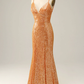 Orange Sequined Backless Mermaid Prom Dress Y2974