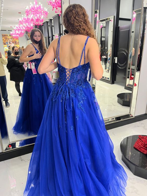 Blue A-line Tulle Appliques Prom Dress,Blue Evening Dress Y6450