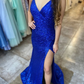 Royal Blue Mermaid Spaghetti Straps Long Prom Dress,Sequin Modest Formal Dresses with Slit Y5740