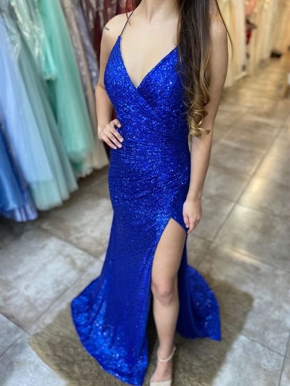 Royal Blue Mermaid Spaghetti Straps Long Prom Dress,Sequin Modest Formal Dresses with Slit Y5740