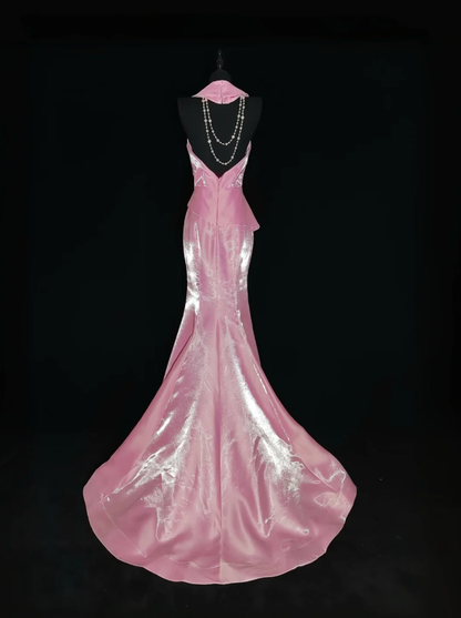 Classy V Neck Sleeveless Pink Satin Mermaid Long Evening Dress Prom Dresses SP434