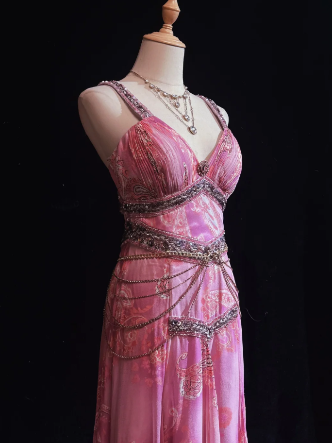 Glamorous Pink Spaghetti Straps Chiffon Floral Beaded Mermaid Evening Dress Long Party Dress SP1816