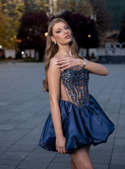Gorgeous Blue Satin Beaded A Line Short 8th Grade Homecoming Dress,Strapless Short Birthday Outfits SP3141