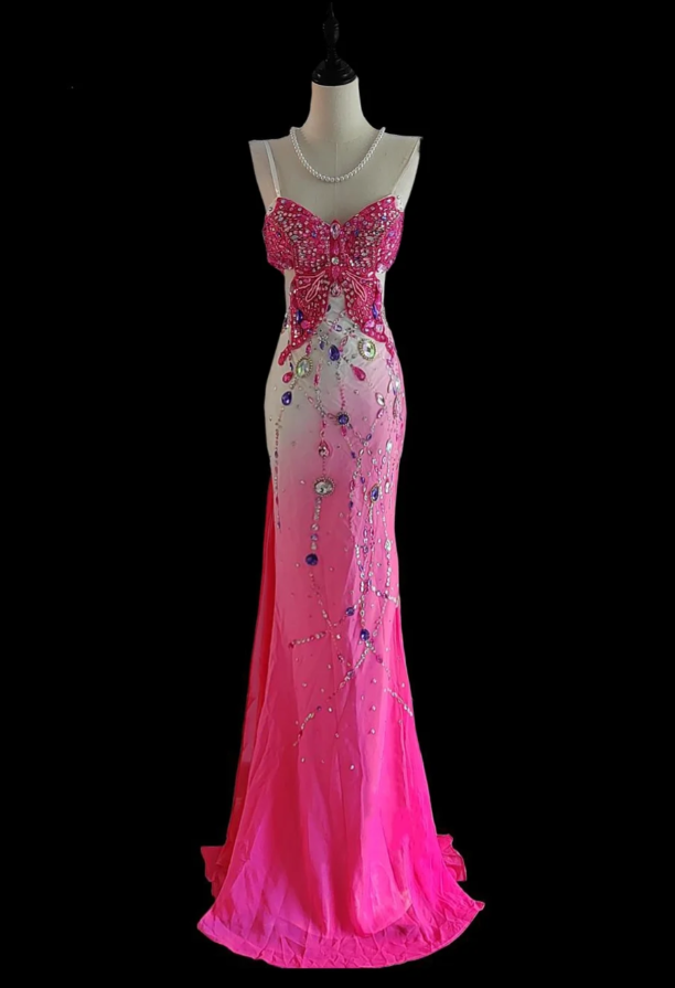 Unique Spaghetti Straps Ombre Pink Chiffon Sequin Beaded Mermaid Evening Dress Long Prom Gown SP440
