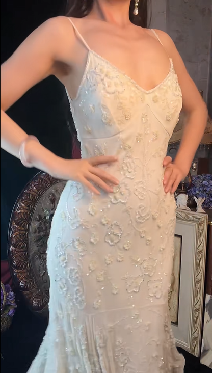 Gorgeous Spaghetti Straps White V Neck Chiffon Beaded Mermaid Birthday Outfits Long Party Dress SP1253