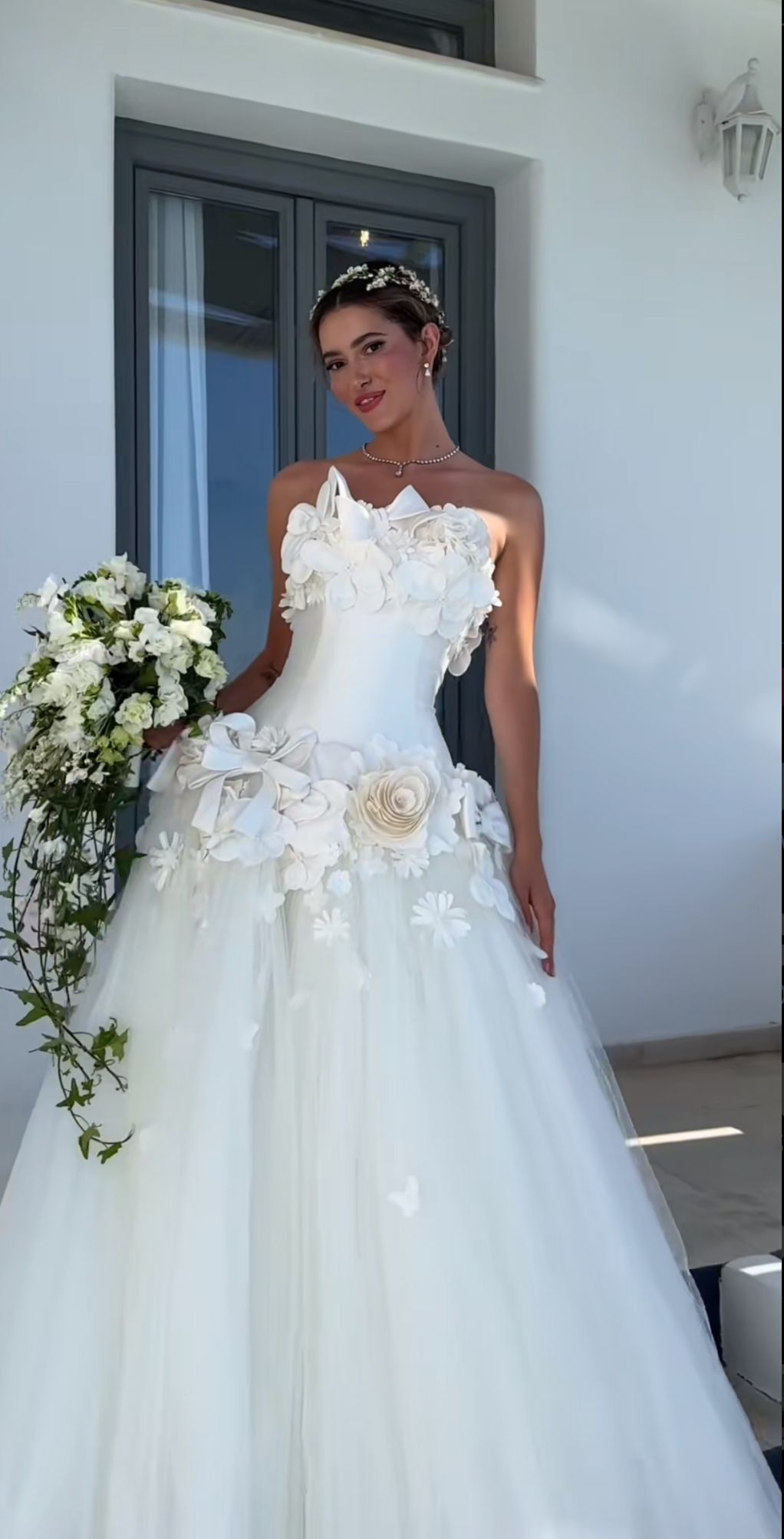 Elegant Strapless Satin Tulle 3D Floral White Long Wedding Dress SP3630