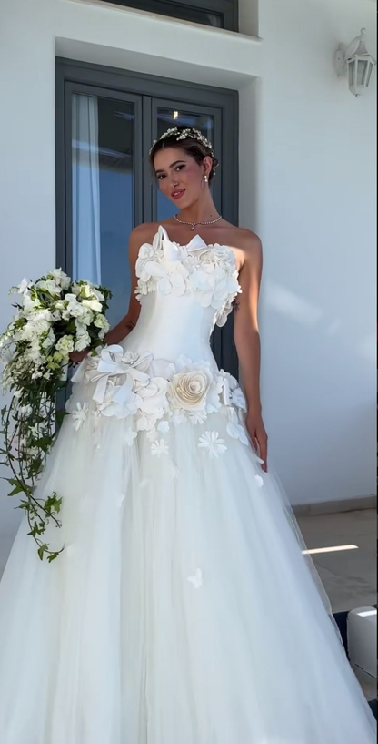 Elegant Strapless Satin Tulle 3D Floral White Long Wedding Dress SP3630