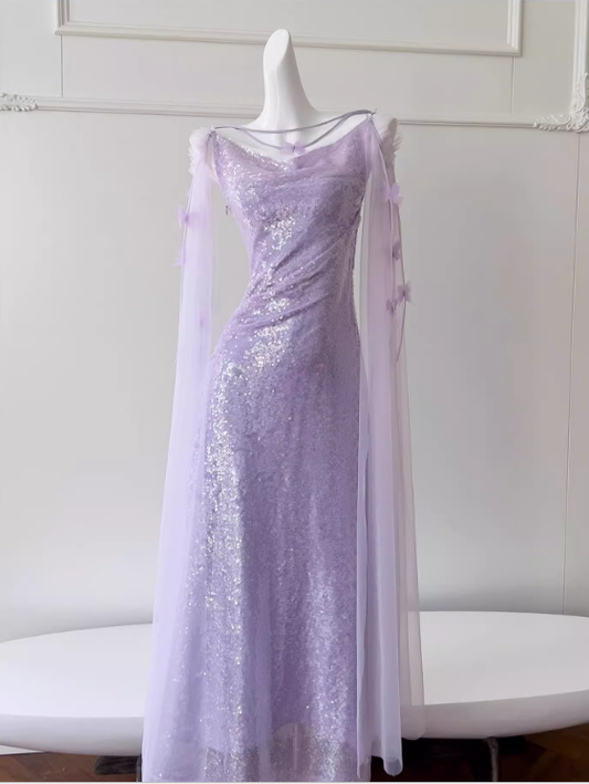 Sparkling Spaghetti Straps Purple Sequin Tulle Evening Dress Birthday Party Dress Y9027