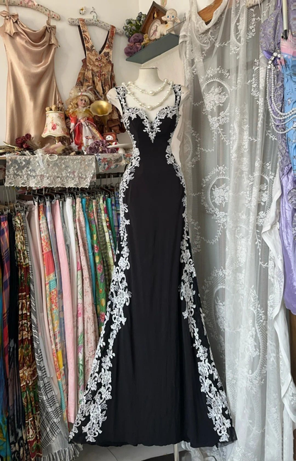 Retro Black Satin Lace Appliques Mermaid Party Dress Prom Dress SP671