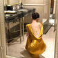 Stylish Gold Satin Mermaid Backless Long Evening Dress Formal 20th Birthday Outfits SP2030